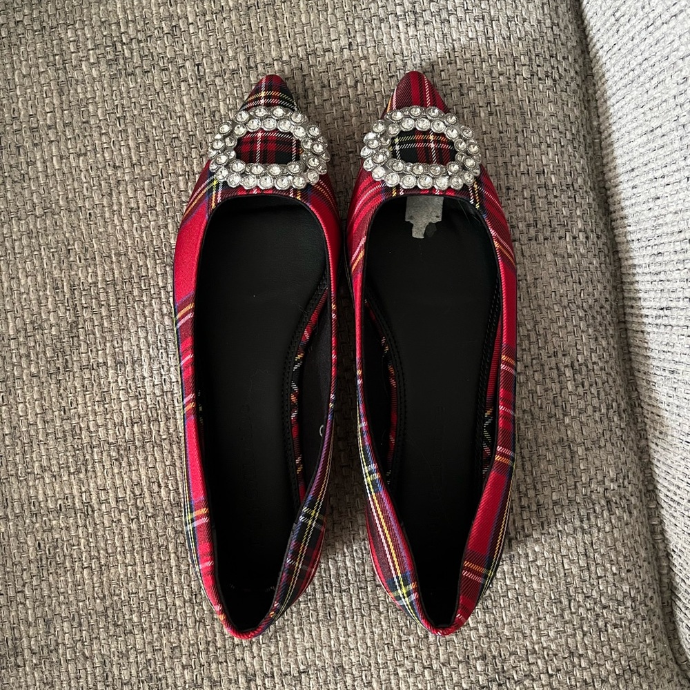 Elegant Red Plaid Women's Flats with Rhinestone Buckle